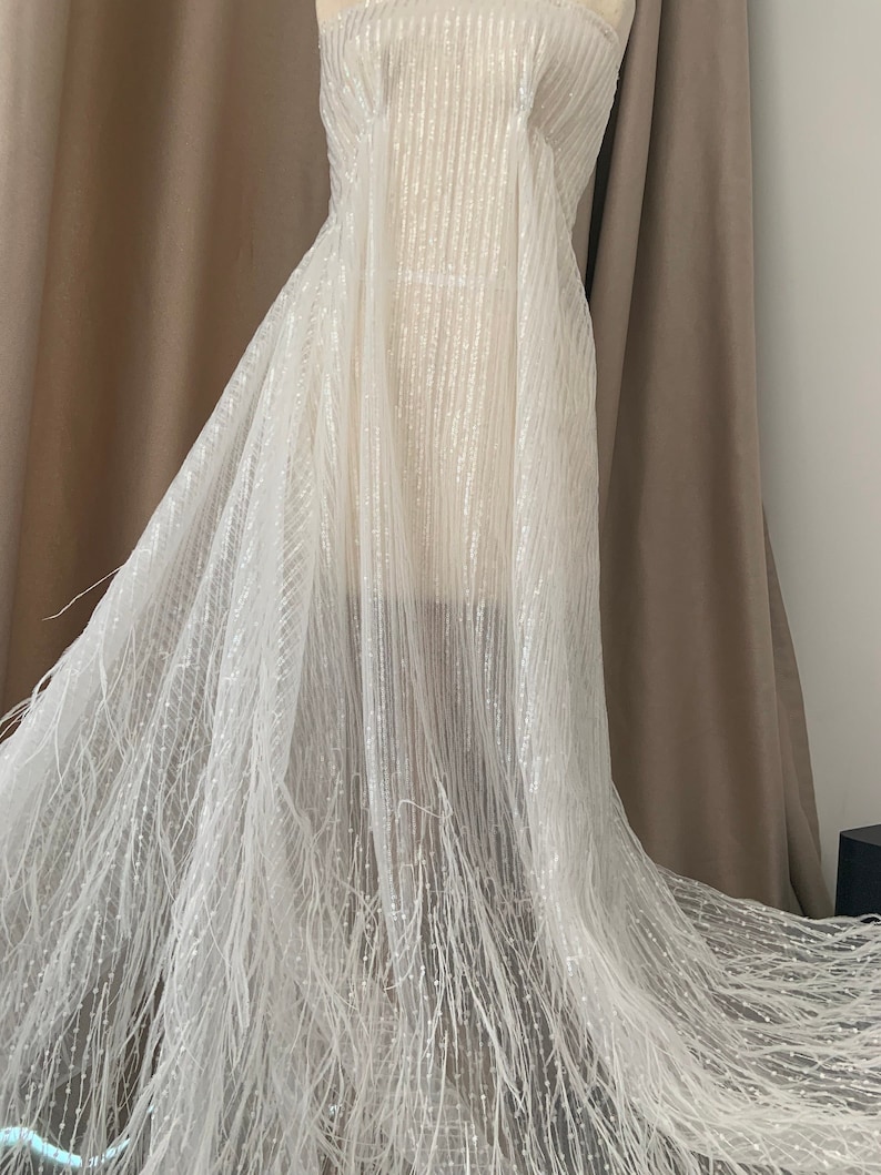 Rose Gold Luxury Ostrich Feather Mesh Lace Fabric 3D Feathers Sequin On Mesh Prom Fabric Bridal Evening Dress Quinceanera Gown Fashion image 6