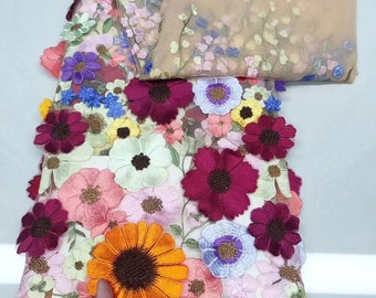 1 Meter Luxus 3D Blumen Applikation Spitzenstoff, mehrfarbig bestickt Tüll Brautkleid Hochzeitskleid Stoff, Haute Couture Stoff