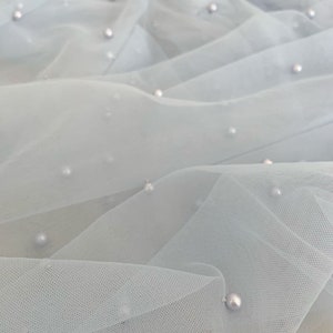 160CM WideHeight Light Blue Pearls Net Tulle Mesh Lace Luxury Bride's Face Veil Lace Fabric Material Sewing Decor image 3