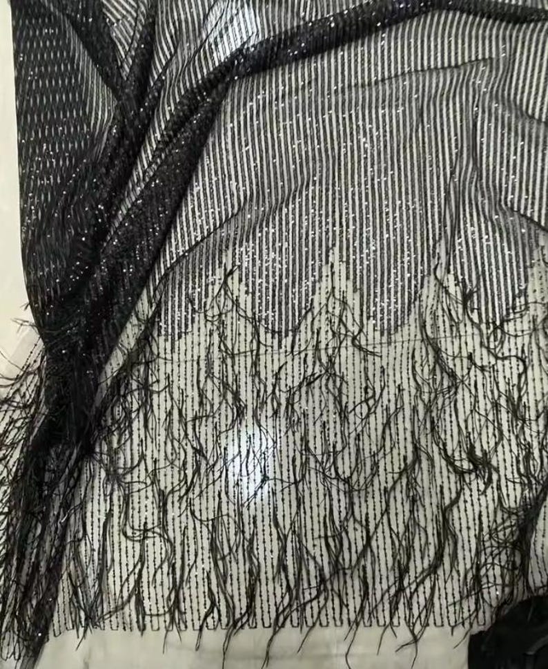 Rose Gold Luxury Ostrich Feather Mesh Lace Fabric 3D Feathers Sequin On Mesh Prom Fabric Bridal Evening Dress Quinceanera Gown Fashion Black