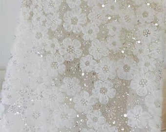 Ivory White Wedding Dress Lace Fabric, 3D Flowers Beaded Fabric Pan Flower Lace Bridal Dress