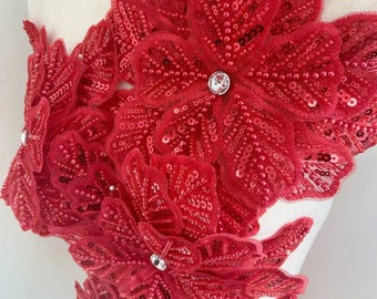 1 pezzo rosso delicato fiore 3D applique strass applique in rilievo cristallo abito da sposa corpetto mantella Couture