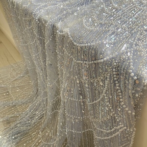 Blue Heavy Bead Tulle Lace Fabric French Sequined Lace Fabric By The Yard For Bridal Dress,