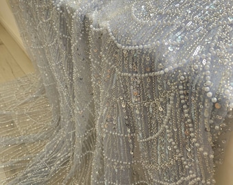 Blue Heavy Bead Tulle Lace Fabric French Sequined Lace Fabric By The Yard For Bridal Dress,