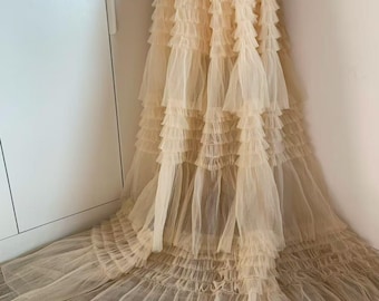 1 yarda de tela plisada beige para vestido de novia, tela de encaje nupcial cortada a medida