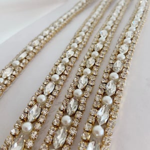 1 yard Gold Crystal Bridal Belt Thin Bridal Belt, Crystal Sash Bridal Dress Crystal Bridal Sash  Wedding Dress Belt, Bridal Dress Sash