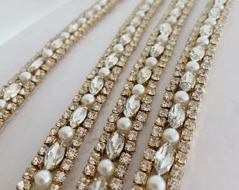 1 yard Gold Crystal Bridal Belt Thin Bridal Belt, Crystal Sash Bridal Dress Crystal Bridal Sash  Wedding Dress Belt, Bridal Dress Sash