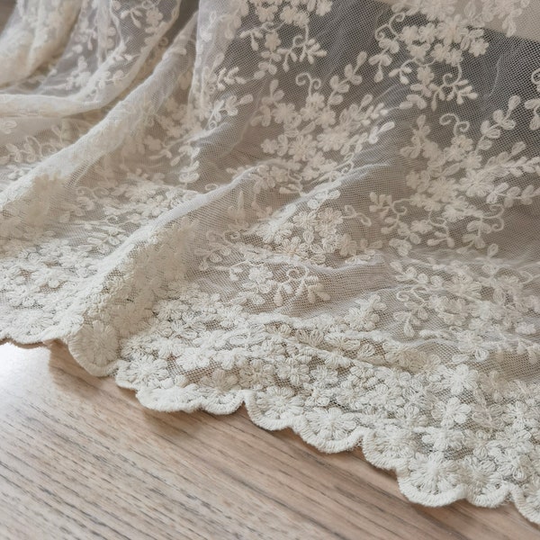 1 yard Vintage Ivory Floral Lace Fabric by the Yard, French Country Scalloped Edge Lace Material for Wedding Dress, Curtain, DIY Craft