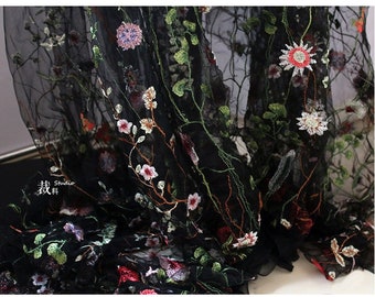 1 Meter Schwarz Stickerei Blumen Netz Tüll Stoff für Hochzeitskleid Formal Gown Prom Kleid Schwarz Bunt Floral Bestickter Spitzenstoff