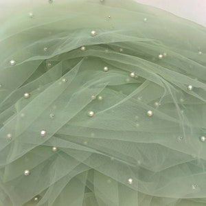 160CM WideHeight Light Blue Pearls Net Tulle Mesh Lace Luxury Bride's Face Veil Lace Fabric Material Sewing Decor image 8