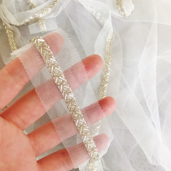 Sliver Beaded Trim Veil Bridal Bead Lace Trim Wedding Trim DIY Clothes Dress Crafts
