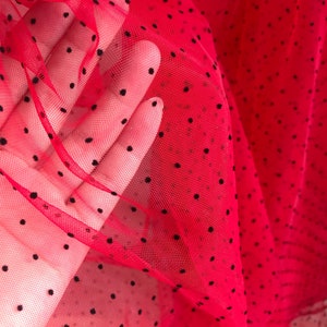 1 Yard Red Small Dots Soft Tulle Fabric , Flocked Polka Dot Mesh Tulle Lace Fabric for Bridal, Party Decor, Tutu Dress, Wedding Dress