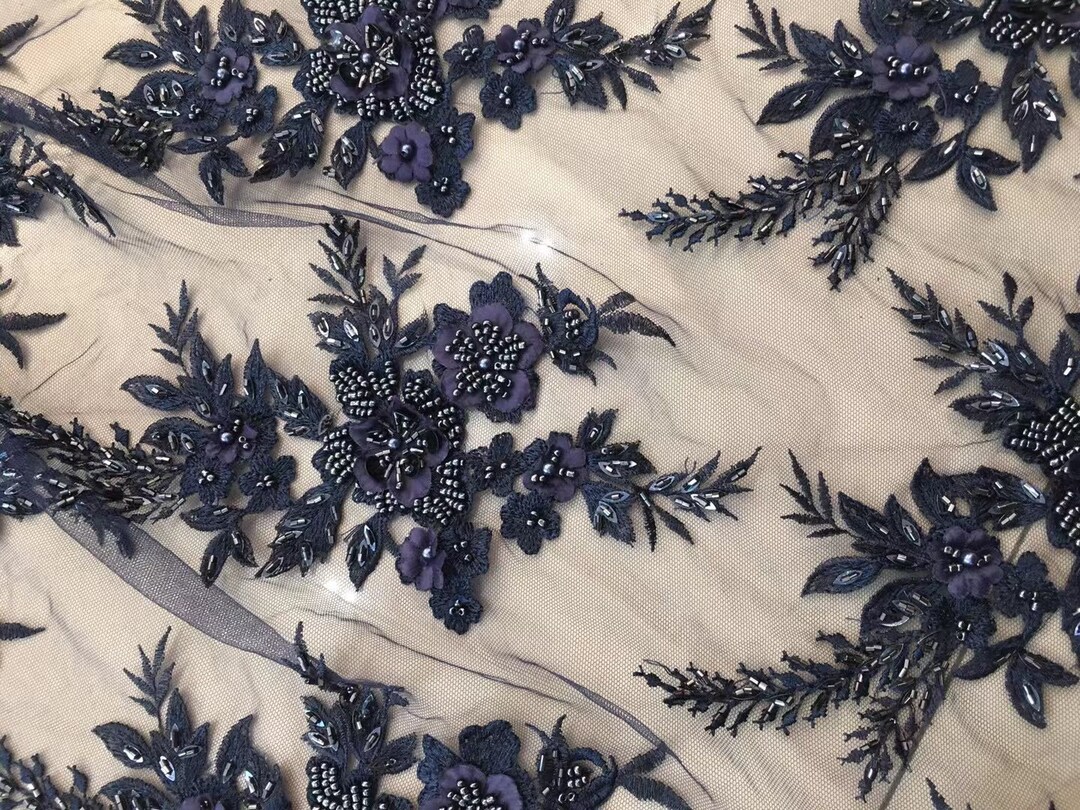 1 Yard Navy Blue 3D Flower Lace Fabric Materials Beaded Lace Mesh Pearl ...