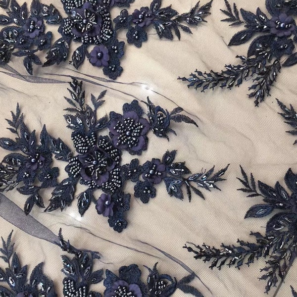 1 Yard Navy Blue 3D Flower Lace Fabric Materials Beaded Lace Mesh Pearl DIY Dance Costume Bridal Wedding Dress