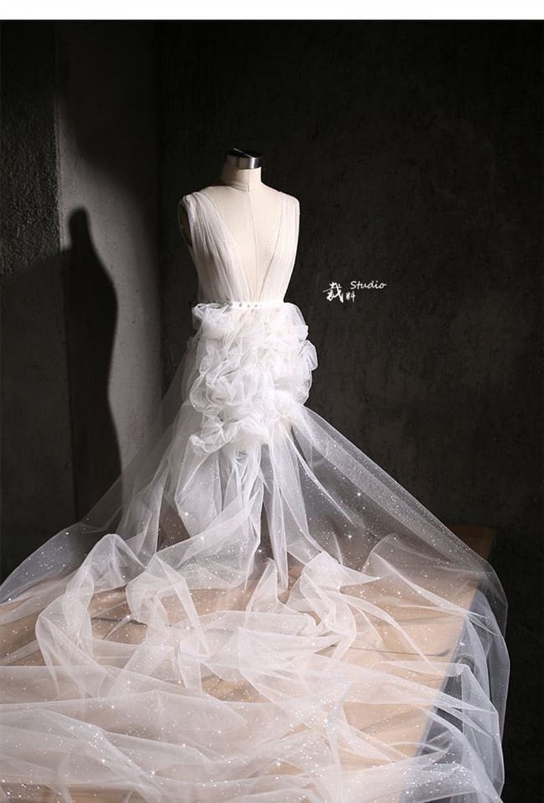 Off White Glitter Tulle Lace Fabric Soft Bridal Veil Tulle