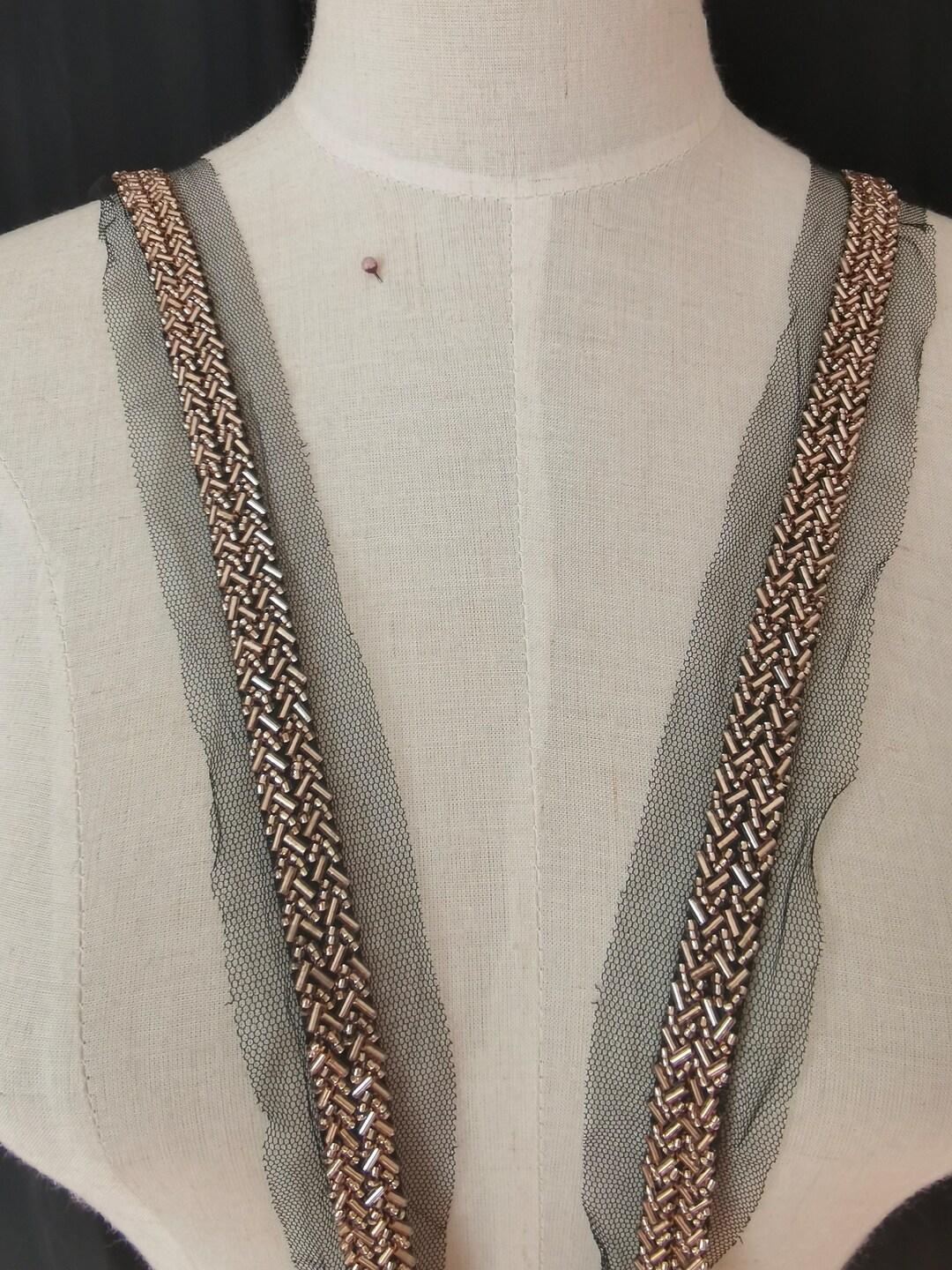 Elegant hand beaded design embroider on a glitter mesh lace-prom-sold by the yard. Rose Gold