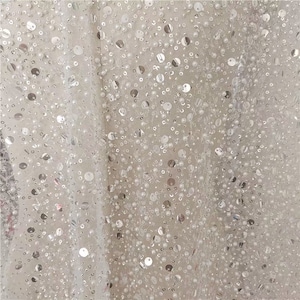 1 Yard Luxury Beaded Lace Fabric With Sequins Birdal Gown Couture Fabric Heavy Bead Tulle Lace Fabric by the yard