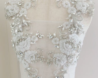 Silver Crystal Rhinestone Beaded Applique Handmade Bridal Crystal Lace Statement for Bridal Sash Wedding Belt Gown Straps