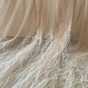 Rose Gold Luxury Ostrich Feather Mesh Lace Fabric 3D Feathers Sequin On Mesh Prom Fabric Bridal Evening Dress Quinceanera Gown Fashion image 3