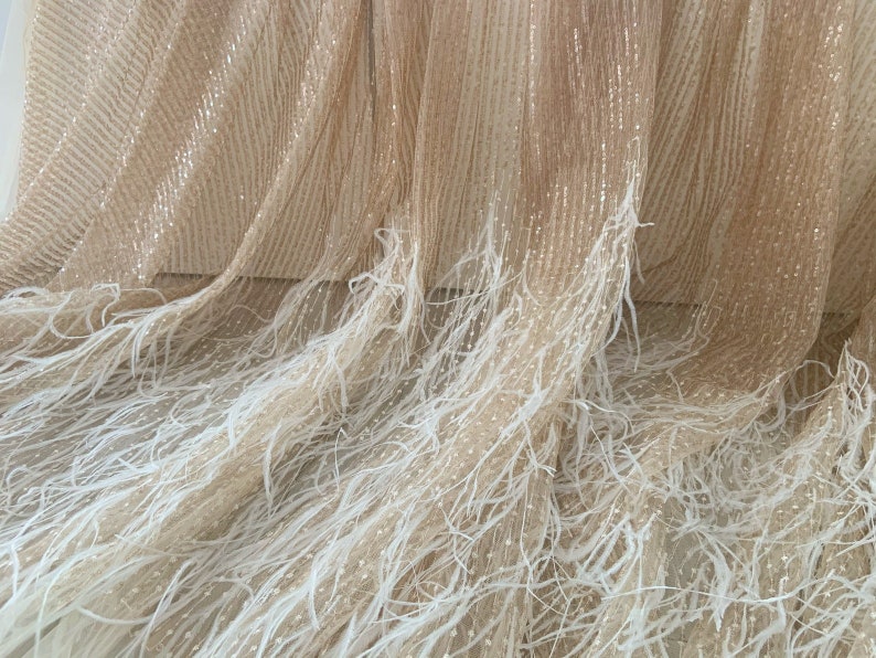 Rose Gold Luxury Ostrich Feather Mesh Lace Fabric 3D Feathers Sequin On Mesh Prom Fabric Bridal Evening Dress Quinceanera Gown Fashion image 3