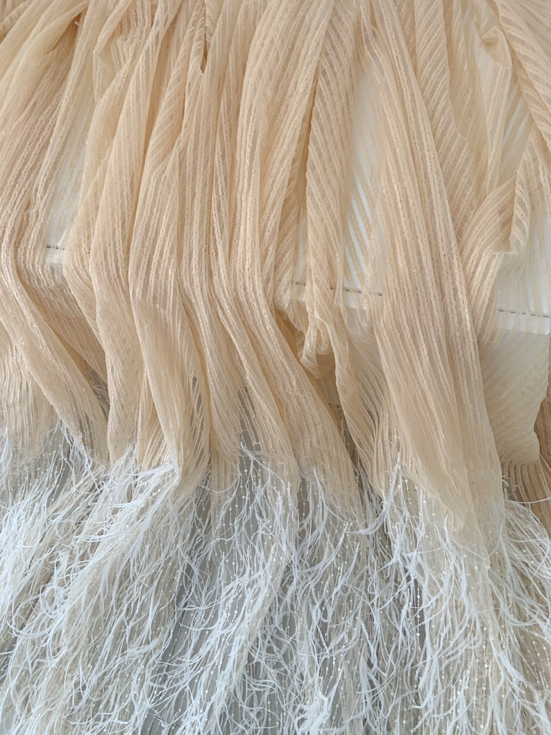 Rose Gold Luxury Ostrich Feather Mesh Lace Fabric 3D Feathers Sequin On Mesh Prom Fabric Bridal Evening Dress Quinceanera Gown Fashion Champagne