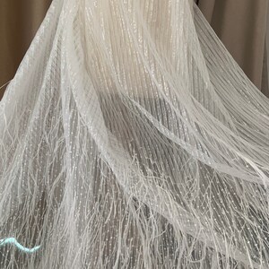 Rose Gold Luxury Ostrich Feather Mesh Lace Fabric 3D Feathers Sequin On Mesh Prom Fabric Bridal Evening Dress Quinceanera Gown Fashion image 5