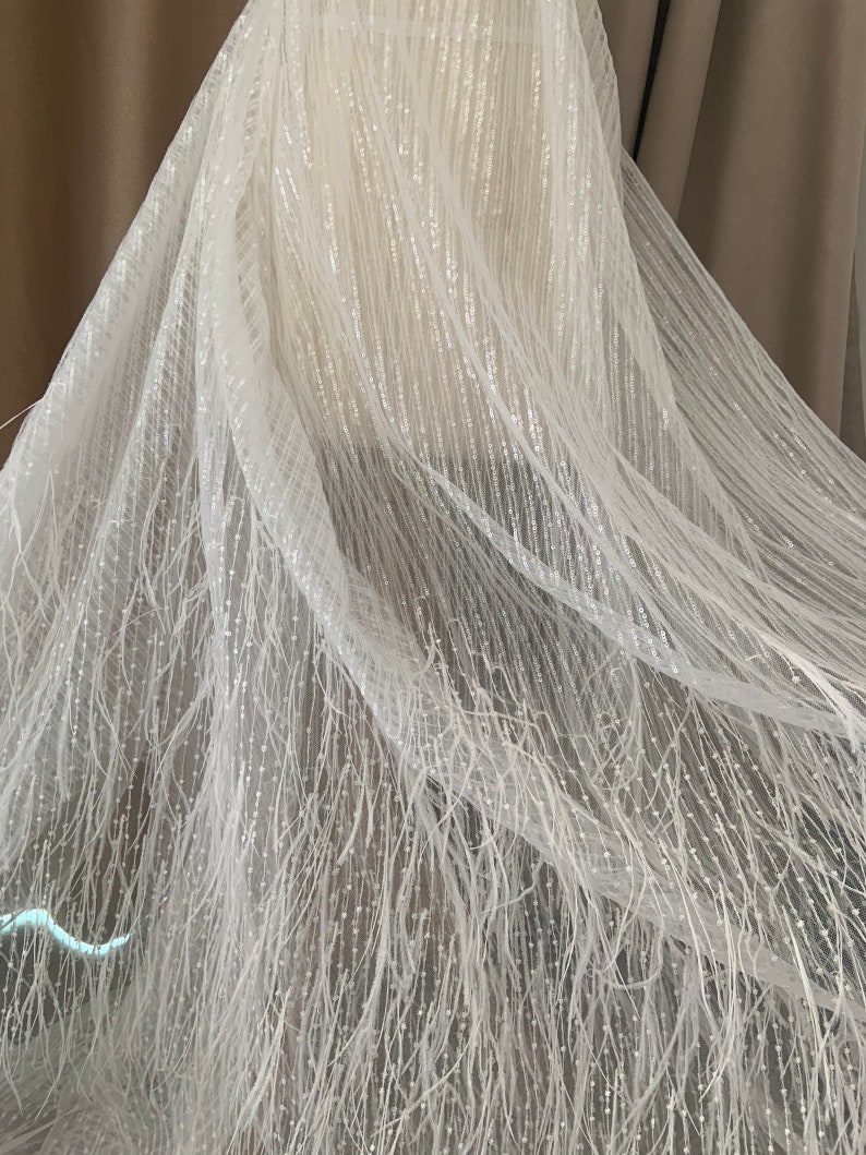Rose Gold Luxury Ostrich Feather Mesh Lace Fabric 3D Feathers Sequin On Mesh Prom Fabric Bridal Evening Dress Quinceanera Gown Fashion image 5
