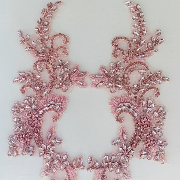 PInk Rhinestone Applique French Bead Bodice Patch For Couture Dance Costume Bridal Dress Ball Gown