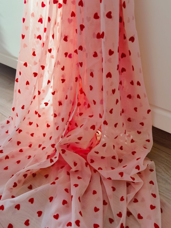 Pink Stretch Heart Tulle Lace Fabric 4 Way Mesh Velvet Heart-Shaped Elastic Gauze for Sewing Soft Draped Bottoming Shirt Stockings by yard