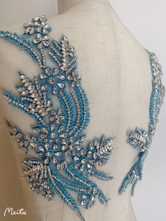 CABODYALS 2 Pièces Patchs Broderie Florale 3D Strass Paillettes - Appliques Dentelle Pour Robes De Mariée Et Couture