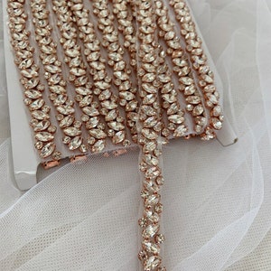 1 yard Rose Gold Rhinestone Trim Thin Bridal Trim, Luxury Silver Rhinestone Crystal Applique by the yard,