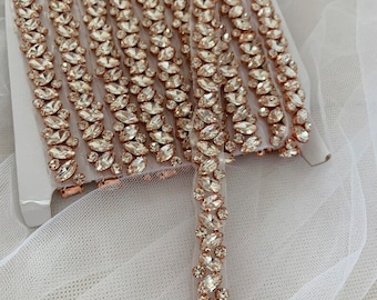 1 yard Rose Gold Rhinestone Trim Thin Bridal Trim, Luxury Silver Rhinestone Crystal Applique by the yard,