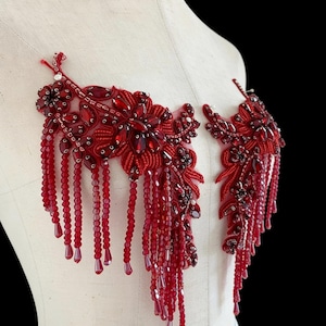 Wine Red Beaded Fringe Applique Crystal Beaded Patch, Bridal Shoulder Embellishment Wedding Dress Bodice Decoration DIY Sewing Craft Supply