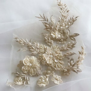 2pcs Champagne Beaded Lace Applique French Lace Applique 3D Lace Bridal Lace Applique