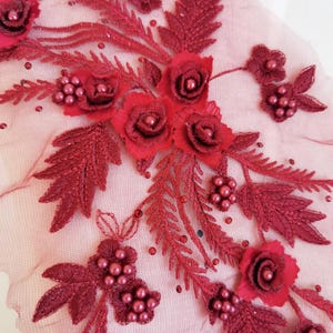 1 PC Wine Red 3d Floral Embroidered Applique Pair for Lyrical Dance, Ballet, Illusion Gowns, Costumes    TH2025