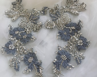 Light Blue Rhinestone Applique Embroidery Beaded Sewing Appliques for Bridal Gown Evening Bodice Crystal Applique