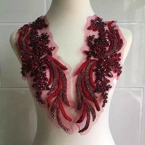 Luxury Wine Red Beaded Embroidery Lace Appliques Rhinestone Lace Applique Crystal Bodice Patch for Wedding Dresses Couture and Dance Costume