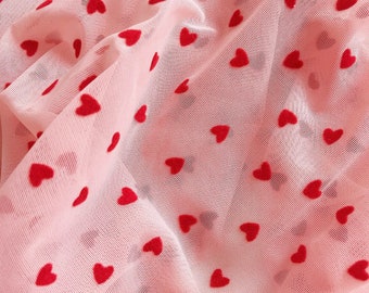 4 Way Pink Stretch Tulle Lace Fabric With Love Heart Flocked Stretch Tulle for Bridal couture, Sold by the yard