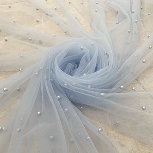 160CM WideHeight Light Blue Pearls Net Tulle Mesh Lace Luxury Bride's Face Veil Lace Fabric Material Sewing Decor image 4