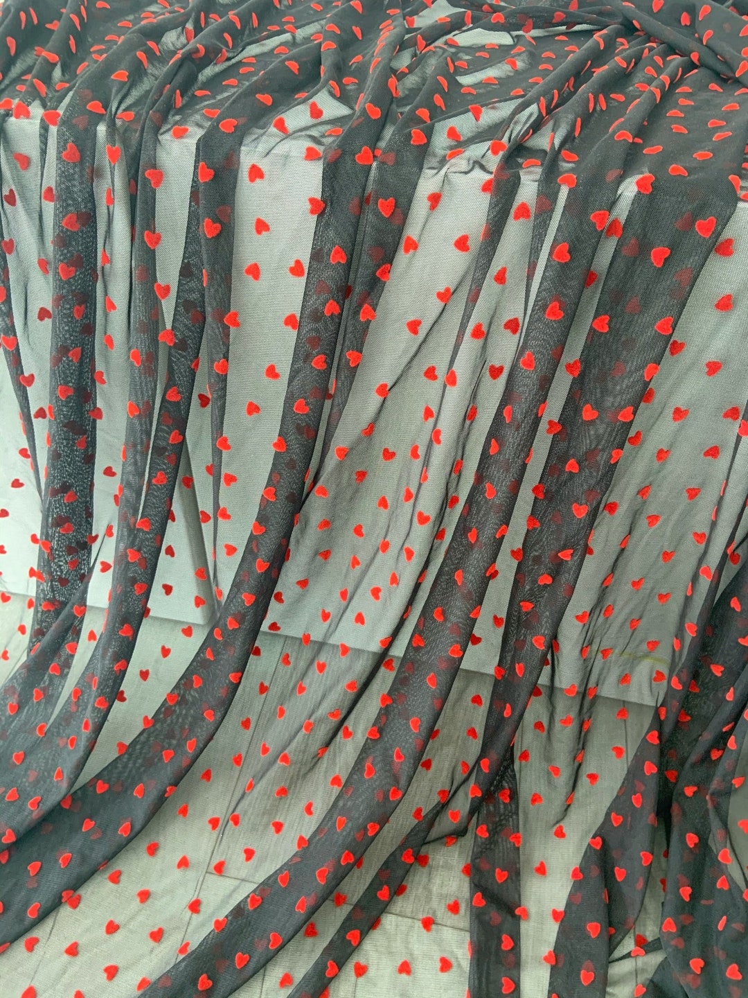 Stretchy Red Heart Flocking Mesh Fabric 4 Way Stretch Black Tulle ...