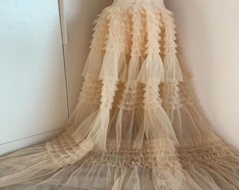 1 yarda de tela plisada de tul con volantes 3D beige, tela para vestido de novia, tela de encaje nupcial cortada a medida
