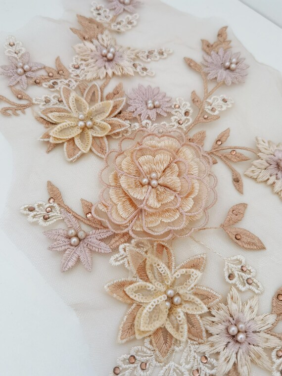 1 Piece Beige 3D Beaded Lace Applique Dress Baby Clothes Belly Dance  Wedding Dress Patch Costumes DIY Accessories - Etsy