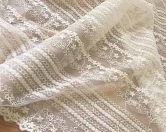 Cotton Embroidered Lace Vintage Style Lace Fabric in Ivory French Lace Fabric Wedding Fabric by Yard