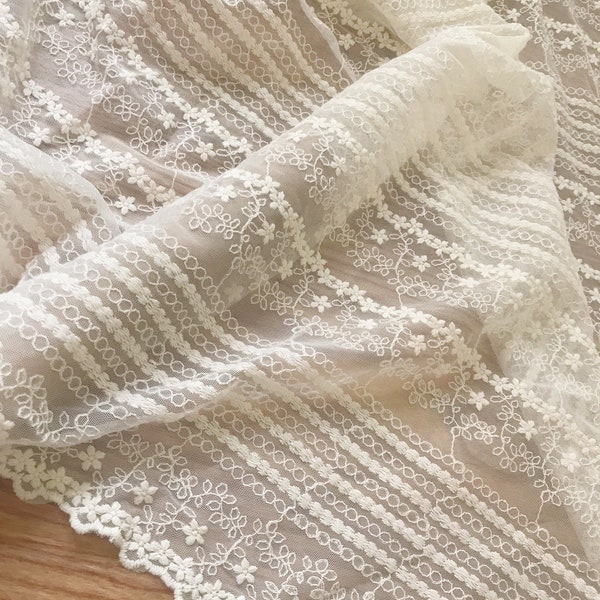 Cotton Embroidered Lace Vintage Style Lace Fabric in Ivory French Lace Fabric Wedding Fabric by Yard