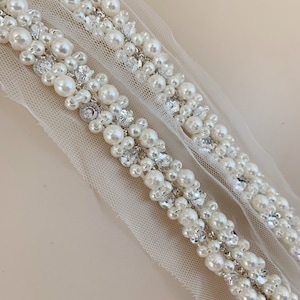 1 yard Off White Tulle Trim With Pearl Beaded Mesh Trim Tutu Dress Fabric Mesh Wedding Decors Craft Supply