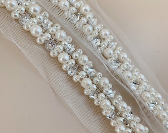 1 yard Off White Tulle Trim With Pearl Beaded Mesh Trim Tutu Dress Fabric Mesh Wedding Decors Craft Supply