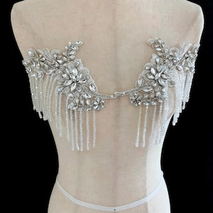 Silver Beaded Fringe Applique Crystal Beaded Patch, Bridal Shoulder Embellishment Wedding Dress Bodice Decoration DIY Sewing Craft Supply