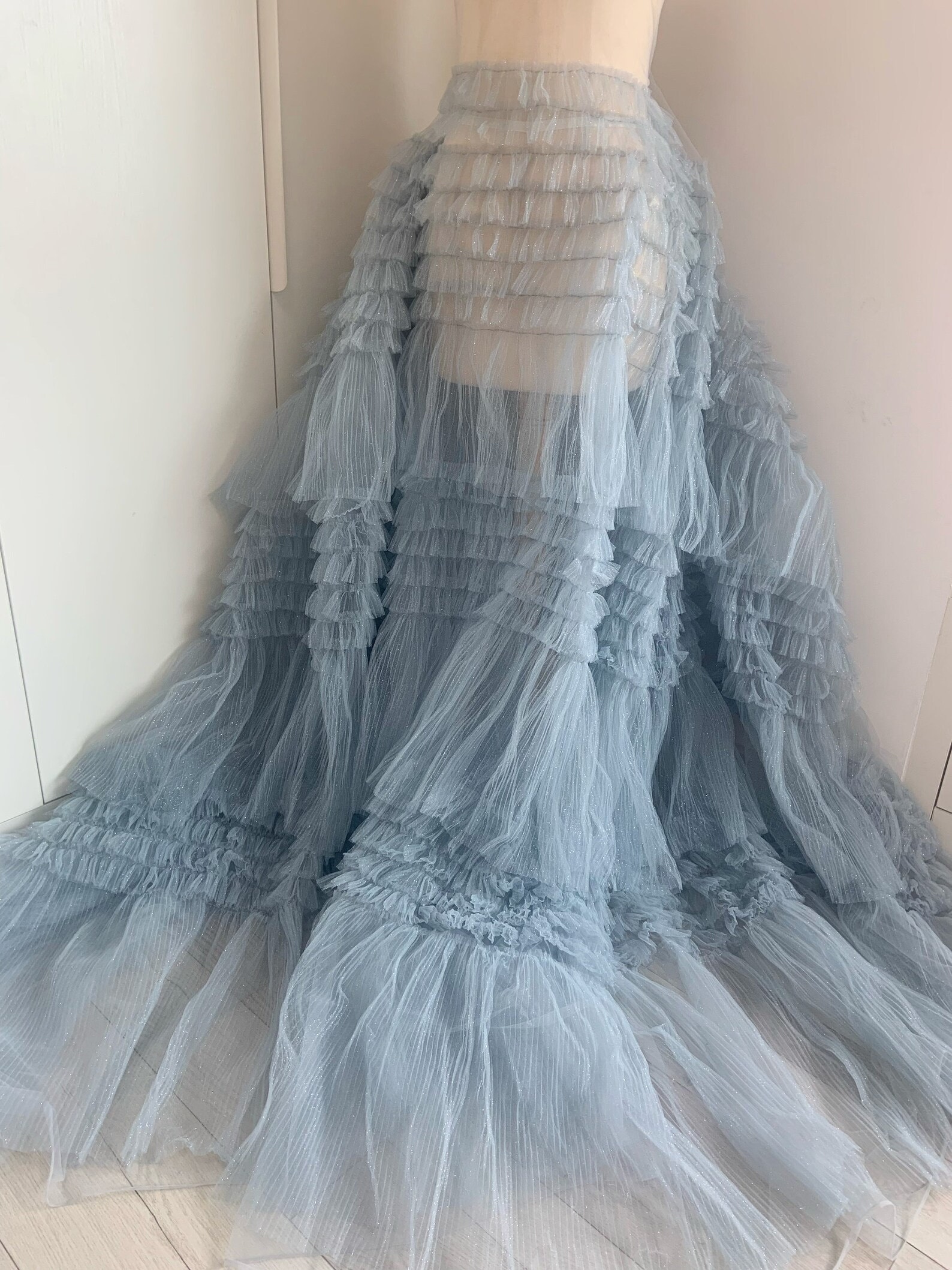 1 Yard Pale Blue Glitter Big Ruffle Lace Fabric Baby Pleated Mesh Lace ...
