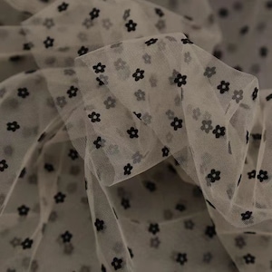 Black Floral Flocked Mesh Fabric Tulle Mesh Fabric With Flocked Flower By The Yard