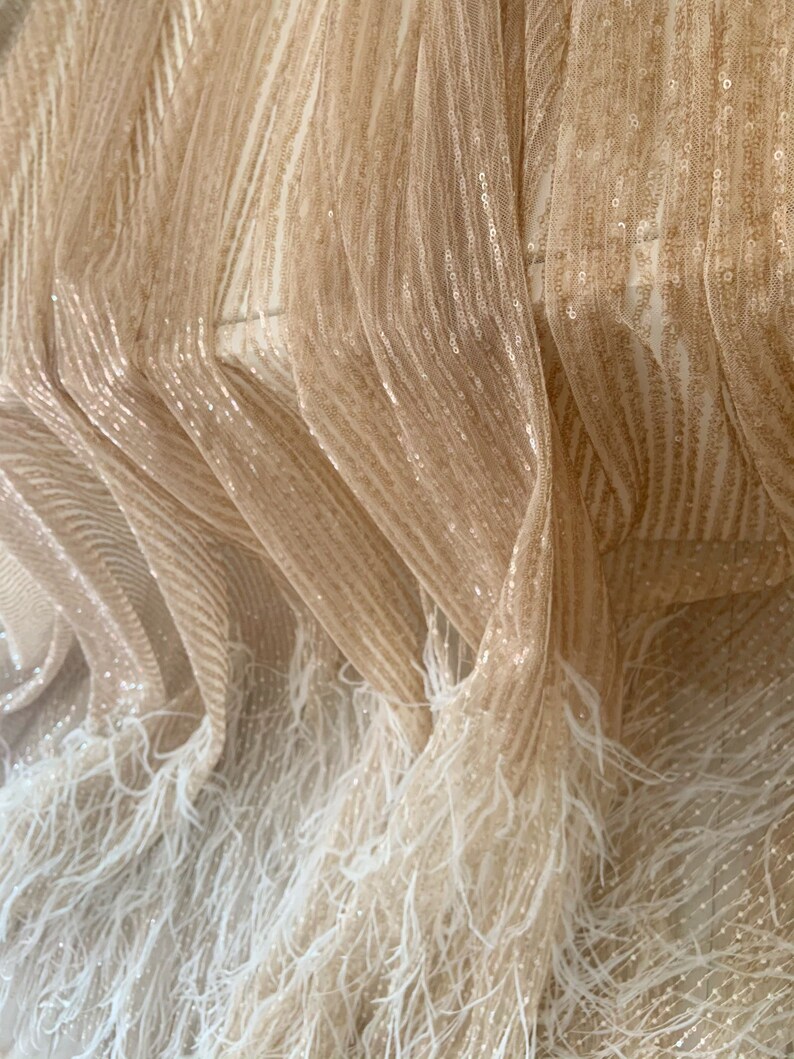 Rose Gold Luxury Ostrich Feather Mesh Lace Fabric 3D Feathers Sequin On Mesh Prom Fabric Bridal Evening Dress Quinceanera Gown Fashion Rose gold